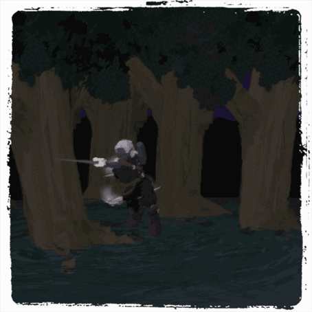 A gif showing a VR scene of a drow in a dark forest. The drow is rendered simply with a rapier in one hand, simple leather clothing and boots. Extending from his back is a stylized spinal cord with a haze of fog along it.